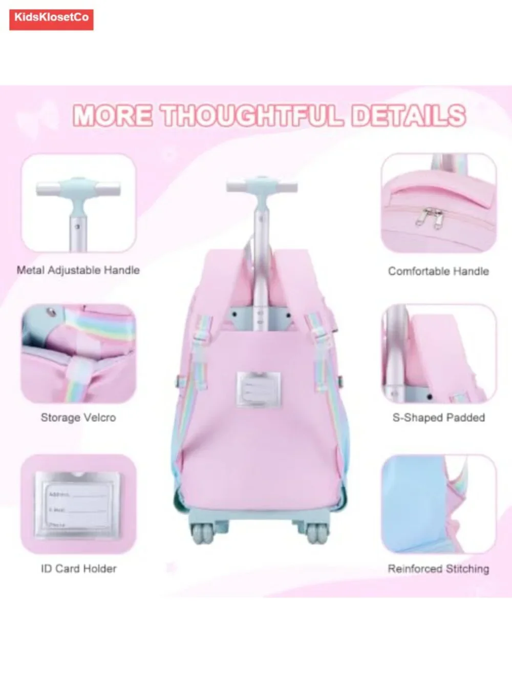 Rolling Backpack for Girls with Wheels, Laptop Compartment, USB Port, Lunch Bag
